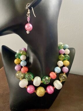 Pastel Color Beaded Statement Necklace and Earring Set